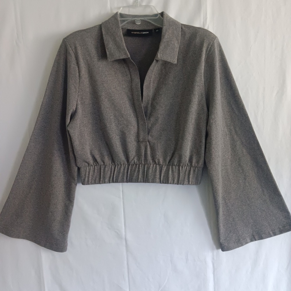Gabrielle Union Cropped Polo Top Women Size M Gray Long Sleeve Knit